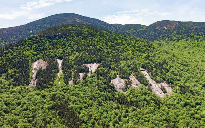 a few streaks of white rock appear through bright green trees on a mountainside in maine